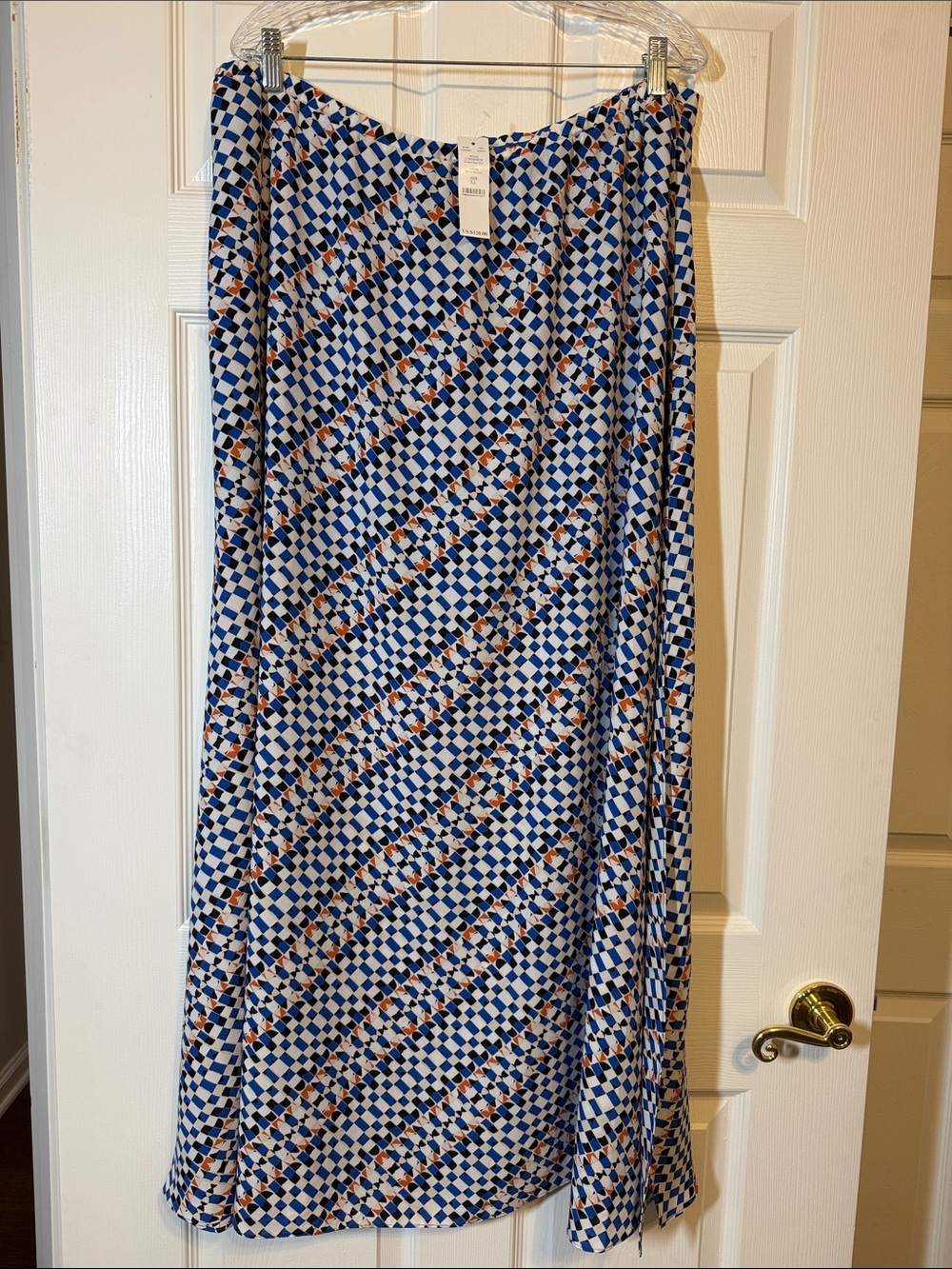 White House Black Market Blue and White Geometric Maxi Skirt with Tan Accents
